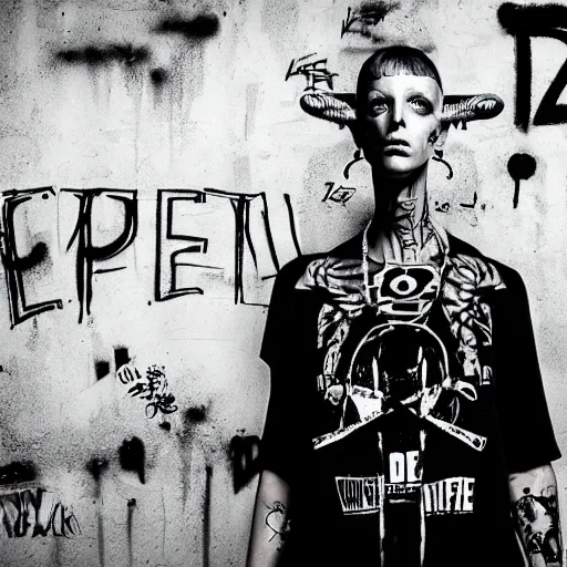 Image similar to die antwoord chappie, back and white, zef design graffiti in the background, dark lighting, digital art