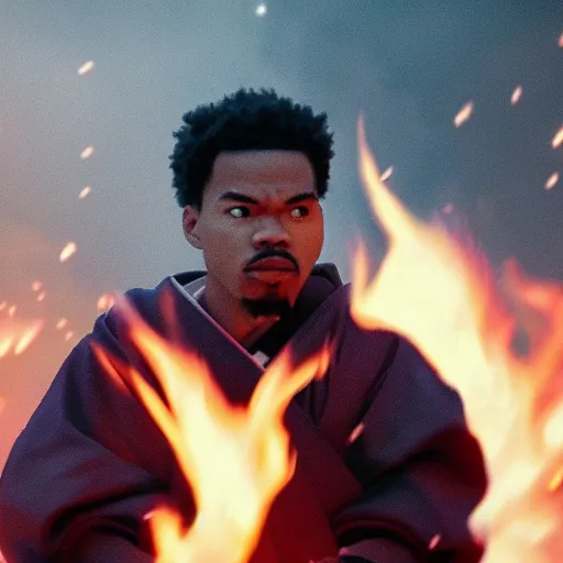 Image similar to cinematic film still of Chance The Rapper starring as a Samurai holding fire, Japanese CGI, VFX, 2022, 40mm lens, shallow depth of field, film photography