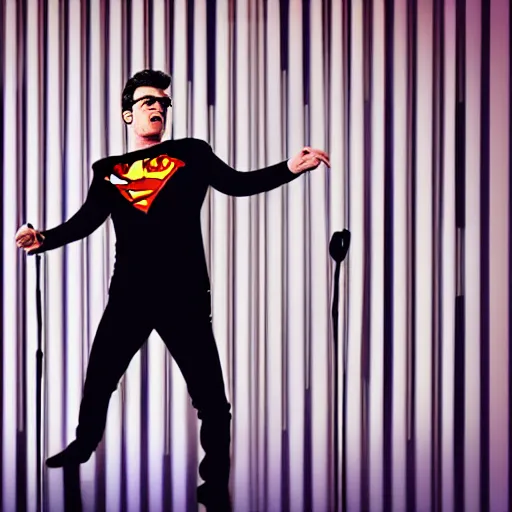 Prompt: Superman performing Never Gonna Give You Up, singing into a microphone while dancing, black suit, striped shirt, light background, full color photograph, 4k