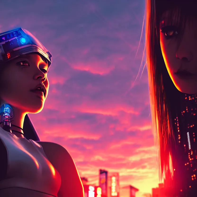 Image similar to a photo close up cyberpunk cyborg girl stands in a cyberpunk hiroshima, prefecture streets, sunset, photorealistic, cinematic lighting, very detailed, style by tomino - sama