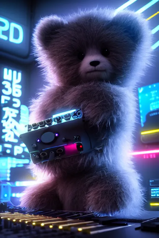 Image similar to high quality 3 d render very cute fluffy cyborg!! bear plays moog synthesizer, cyberpunk highly detailed, unreal engine cinematic smooth, in the style of blade runner & detective pikachu, hannah yata charlie immer, moody light, low angle, uhd 8 k, sharp focus