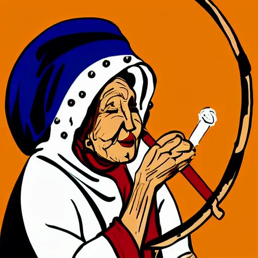 Image similar to a babushka hits a gong with a drumstick that looks like a cigarette, digital art