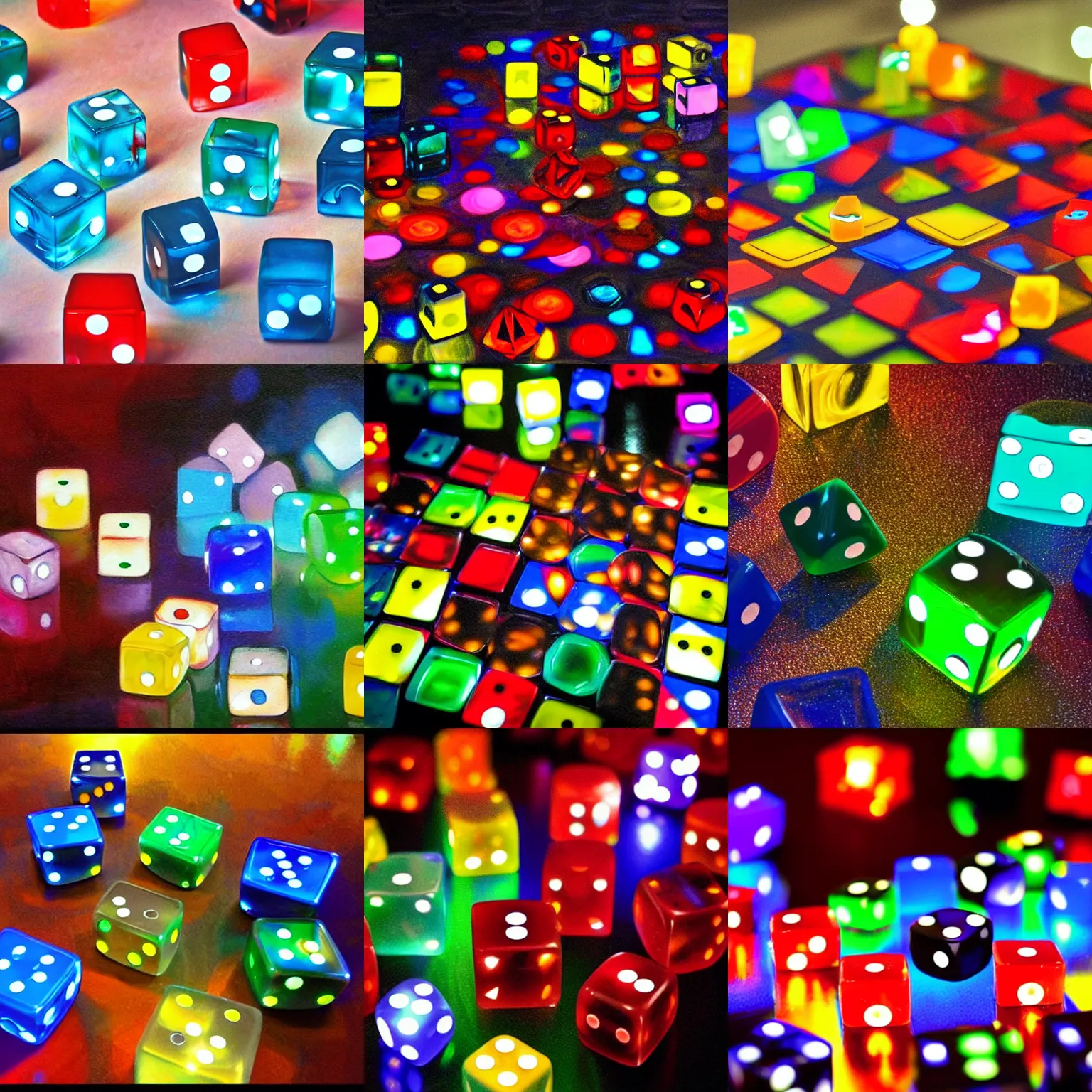 Prompt: dices from color glass, cubes on table, colorfull, night lights, paint by clode monet