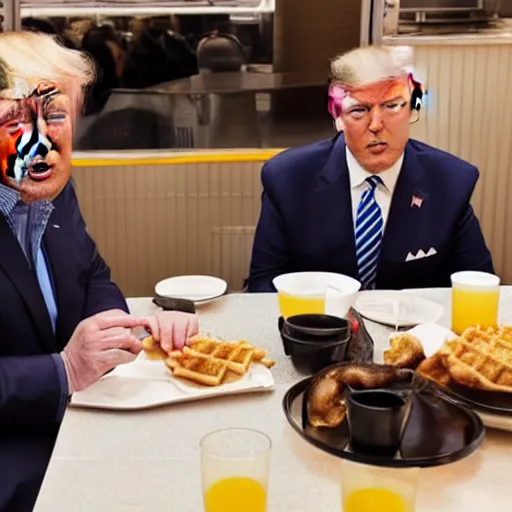 Image similar to photograph of trump and Biden sitting and eating breakfast at a Wafflehouse