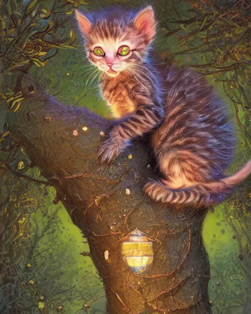 Prompt: an adorable cheshire kitten asleep in a tree | highly detailed | very intricate | symmetrical | whimsical and magical | soft cinematic lighting | award - winning wonderland | painted by donato giancola and paul lehr and ross tran | pastel color palette | featured on artstation