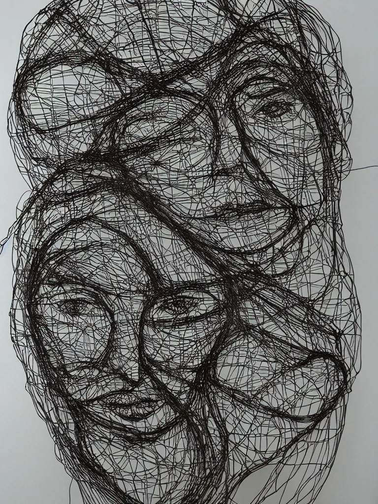 Prompt: beautiful elegant hanging thick metal wire art of a symmetrical and expressive female human face, influenced by gejza schiller portraits