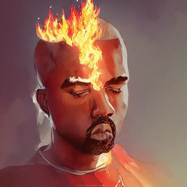 Prompt: Kanye West as a firebender, portrait, elegant, intricate, digital painting, artstation, concept art, smooth, sharp focus, illustration, art by konstantin korovin and Daniel F. Gerhartz and john howe