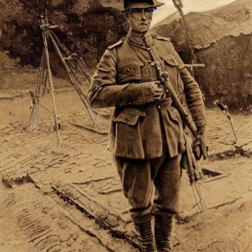 Image similar to ultra detailed photorealistic sepia - toned photograph from 1 9 1 7, a british officer in field gear standing at an archaeological dig site near petra jordan, ultra realistic, painted, intricate details, lovecraft, atmospheric, dark, horror, brooding, highly detailed, by angus mcbride