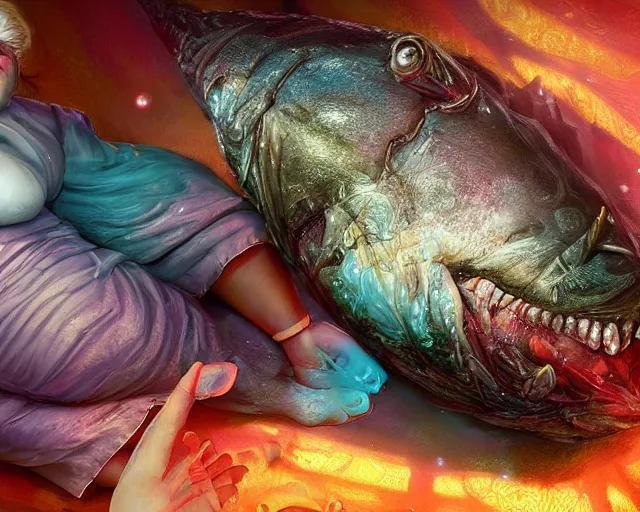 Image similar to of a very beautiful scene. ambient occlusion render. a sweet fat old woman is giving birth to a huge colorful fish. hyper realistic. 4 k. wide angle. wild. symmetrical face, red mouth, blue eyes. deep focus, lovely scene. ambient occlusion render. concept art. unreal engine.