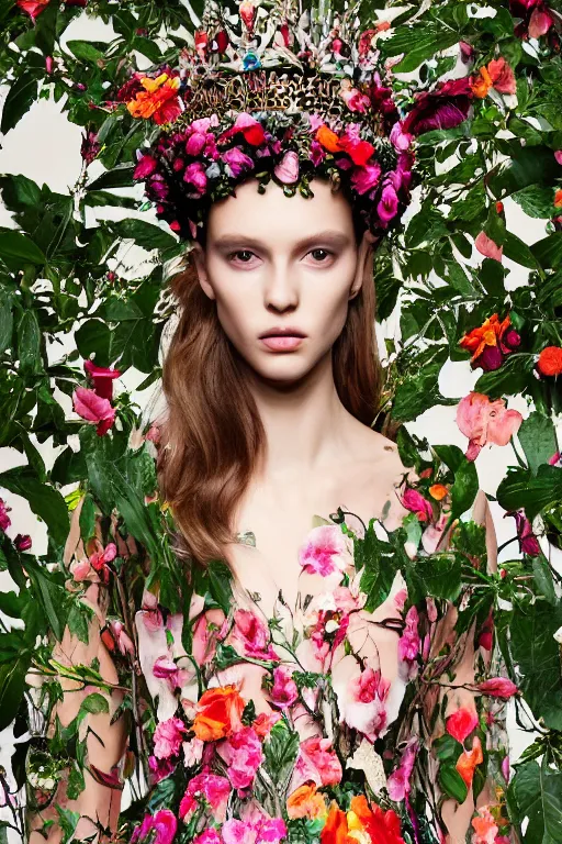 Image similar to beautiful model wearing valentino 2 0 1 4 cyber floral patterned layered dress fashion outfit, jeweled headpiece mystical crown, bright ruins environment background overgrown with flowers