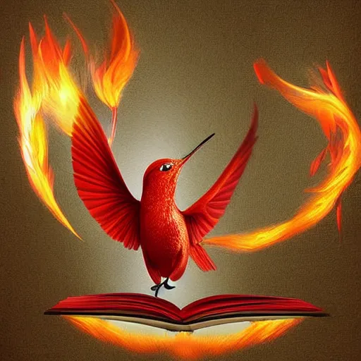 Prompt: a cute flaming mythical red hummingfirebird reading in a library #epic-3D-digital-artwork @masterpiece