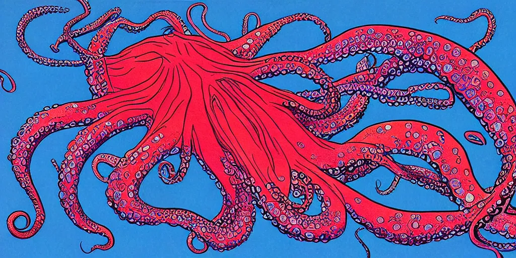 Prompt: ” beautiful octopus drifting in the deep sea painted by moebius. ”