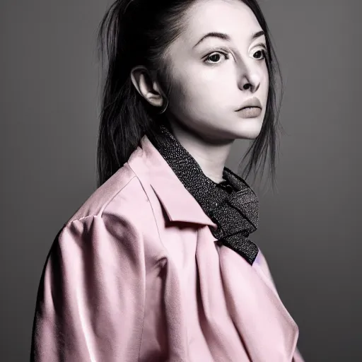 Image similar to female, beautiful, portrait, photograph, looking at viewer, silver pink black jacket,