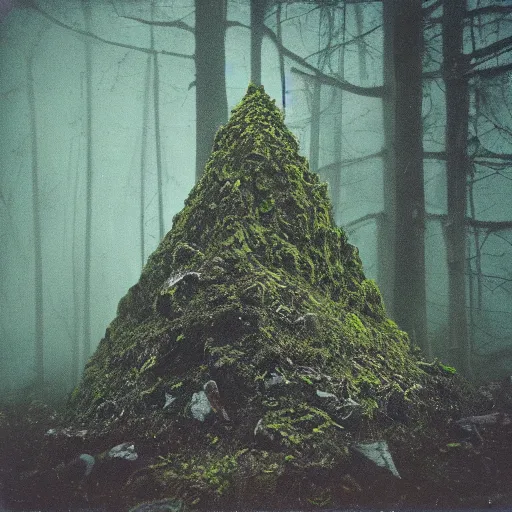 Image similar to a mossy rock pyramid in the middle of a forest clearing, at night, dark, foggy, eerie, creepy, unsettling, lost footage, old polaroid, expired film,