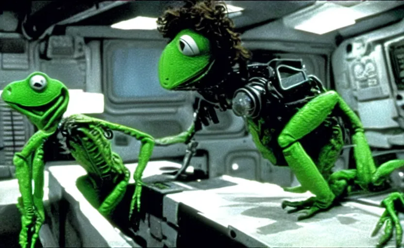 Prompt: the scene from aliens where ripley is in a powerloader but it's kermit the frog vfx film