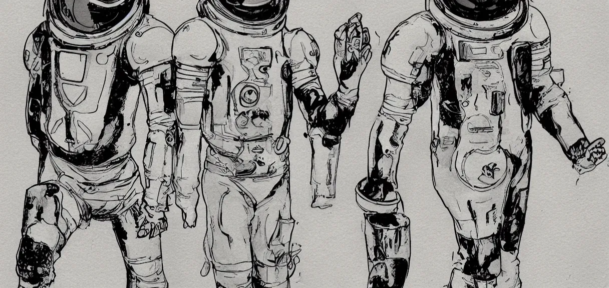 Image similar to male, full body, space suit with a modern helmet, large shoulders, short torso, long thin legs, tiny feet, character sheet, science fiction, very stylized character design, pen and ink, digital painting, watercolor wash, by mike mignola, by alex maleev, jean giraud