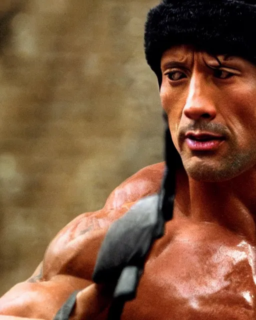 Image similar to Film still close-up shot of Dwayne Johnson as Rocky Balboa from the movie Rocky. Photographic, photography