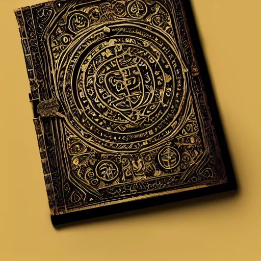 Image similar to an ancient ornate intricate old tome spell book with the sigil symbol of an eye emblazoned on the cover, cinematic, realistic, intricate detail, finely detailed, small details, extra detail, photorealistic, high resolution, 3 d, pbr, path tracing, volumetric lighting, octane render, arnold render, 8 k