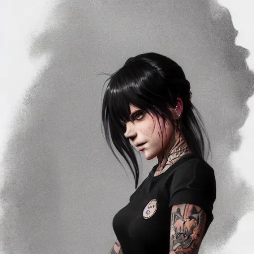 Image similar to swedish bar maid, tattoos, black t - shirt, black skirt, detailed portrait, intricate complexity, by greg rutkowski, artgerm, ross tran, conrad roset, takato yomamoto, ilya kuvshinov. 4 k, beautiful, cinematic dramatic atmosphere