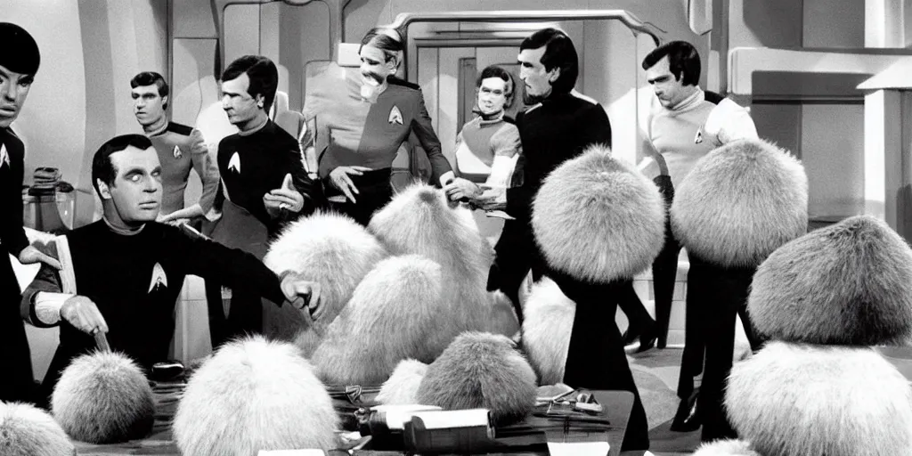 Image similar to a scene from Trouble with Tribbles, an episode of the original Star Trek series