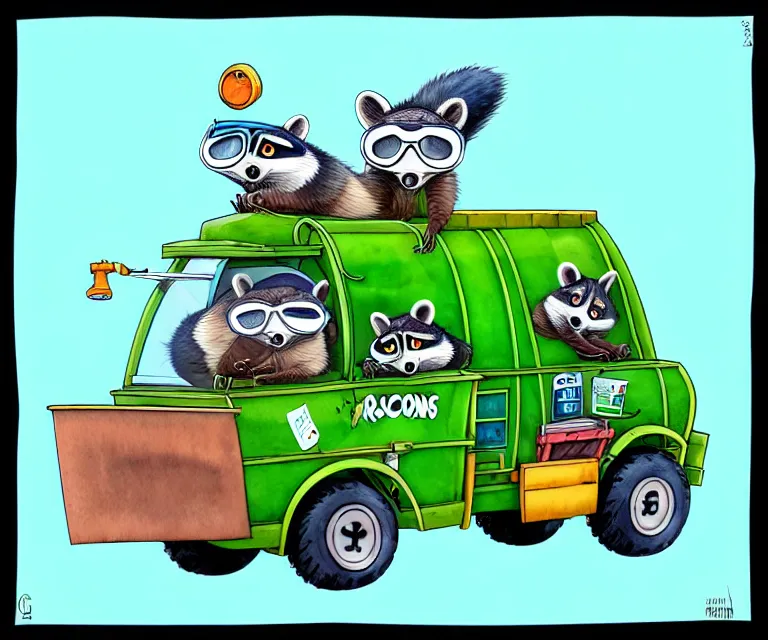 Image similar to cute and funny, racoon wearing goggles driving a tiny garbage truck, ratfink style by ed roth, centered award winning watercolor pen illustration, isometric illustration by chihiro iwasaki, edited by craola, tiny details by artgerm and watercolor girl, symmetrically isometrically centered