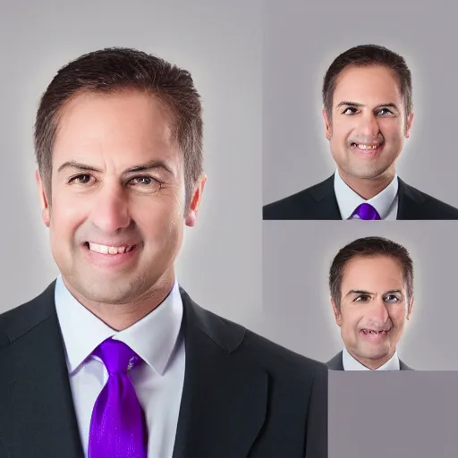 Image similar to corporate portrait, senior sales director, purple green color scheme, professional studio lighting, hyperreal detailed lifelike facial features, corporate portraiture, headshot,