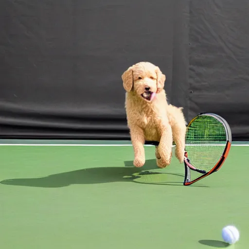 Prompt: Golden labradoodle puppy playing tennis