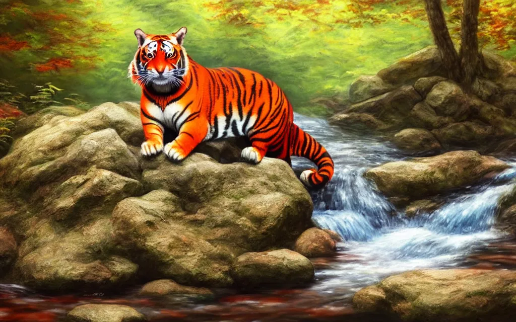 Prompt: a red tiger sitting on a large rock within a woodland creek, highly detailed, trending on pixiv, realistic oil paint artwork made in 2 0 2 0.