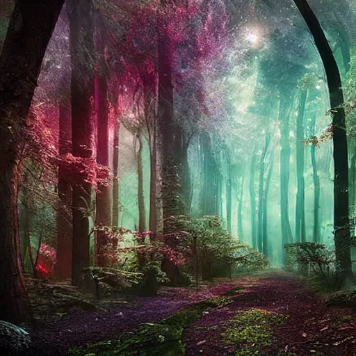 Prompt: magical forest taking over sci-fi city, digital art award-winning photography
