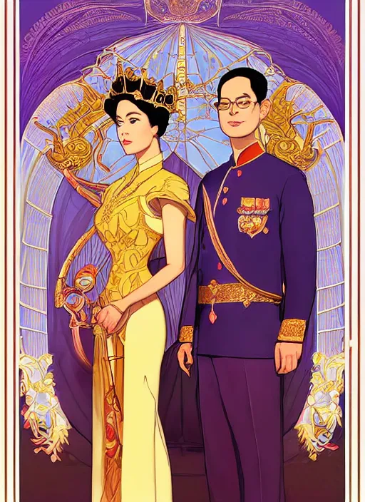 Image similar to well - lit art nouveau portrait of queen sirikrit and king bhumibol adulyadej of thailand, winatural lighting, path traced, real face, thai elegant traditional costume, highly detailed, high quality, cartoon, digital painting, by don bluth and ross tran and studio ghibli and alphonse mucha