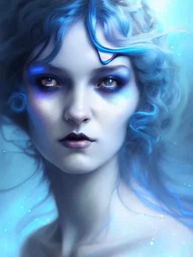 Image similar to dark sorceress with blue skin by james jean, charlie bowater, tom bagshaw, nikolay makovsky, melanie delon : : enchanting, ethereal, magical, glowing, sparkle, prismatic, portrait, character design, illustration, hyperrealism, photorealism, digital art, concept art, dark fantasy, whimsy, weta, wlop, artstation