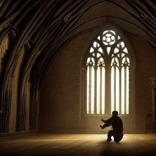 Image similar to angel protecting man who is praying inside a gothic church, studio light, 4K highly detailed, realistic style, playing with with light and dark