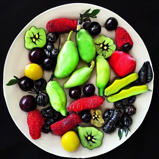 Prompt: a plate of alien fruits