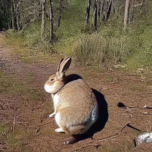 Image similar to fat rabbit smoking a cigarette, trail cam footage