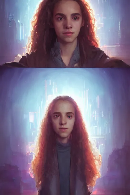 Image similar to portrait of Hermione Granger in cyberpunk, neon lighting, digital art from artstation by Ruan Jia and Mandy Jurgens and Artgerm and william-adolphe bouguereau and Greg Rutkowski and Wayne Barlowe