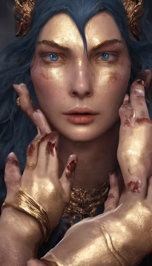 Prompt: epic masterpiece torment, drama, sweaty skin, hyperrealistic, octane render, cinematic, beautiful face and flawless skin, perfect hands, 5 fingers, gold by Ross Tran, Legends of Runeterra
