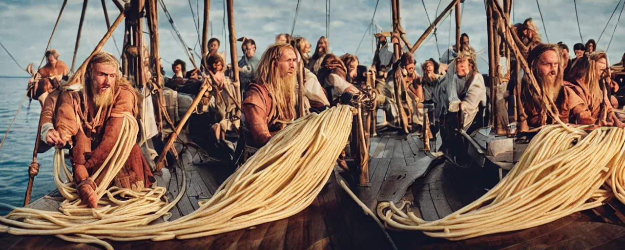 Prompt: vikings sailing on a boat filled with spaghetti, baltic sea, canon 5 0 mm, super detailed face, facial expression, cinematic lighting, photography, retro, film, kodachrome