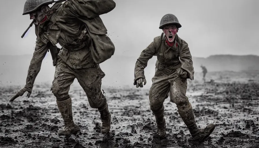 Image similar to screaming World War 1 soldier running away, wartorn landscape, lots of mud puddles and craters, bullets whizzing past camera, dirty lens, cinematic lighting, IMAX close-up of face, cinematography, 35mm