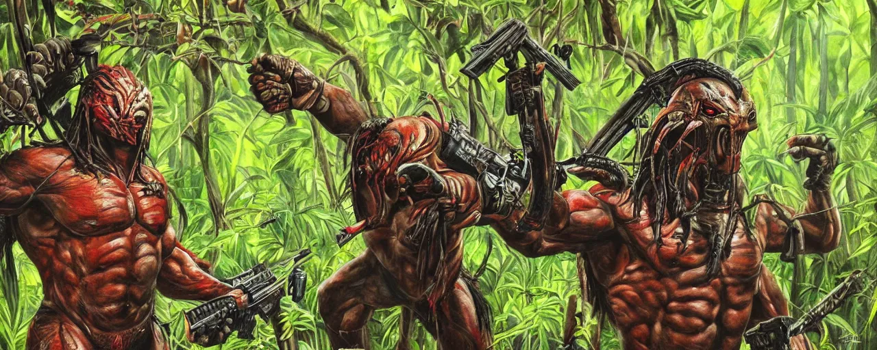 Prompt: the predator roaming the jungle with a rifle, red eyes, as painted by Donald McAlpine