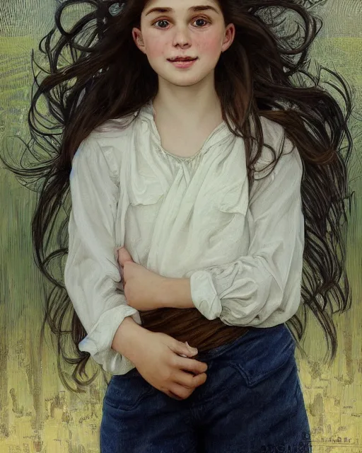 Image similar to portrait of 1 5 - year - old girl, little smile, with large front teeth, very bushy brown hair, and very bright brown eyes, wearing white shirt, hyper realistic face, beautiful eyes, close up, fantasy art, in the style of greg rutkowski, intricate, alphonse mucha, hyper detailed, smooth