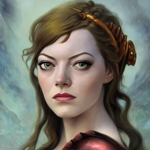 Image similar to A fantasy comic book style portrait painting of Emma Stone, as an Atlantean Reptilian Warrior, François Boucher, Oil Painting, Mystical Valkyrie, unreal 5, DAZ, hyperrealistic, octane render, Regal, Refined, Detailed Digital Art, RPG portrait, William-Adolphe Bouguereau, Michael Cheval, Walt Disney (1937), Steampunk, dynamic lighting, Highly Detailed, Cinematic Lighting, Unreal Engine, 8k, HD