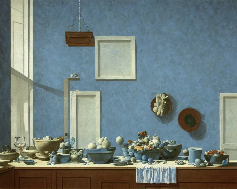 Prompt: achingly beautiful painting of a sophisticated, well - decorated kitchen on baby blue background by rene magritte, monet, and turner. giovanni battista piranesi.