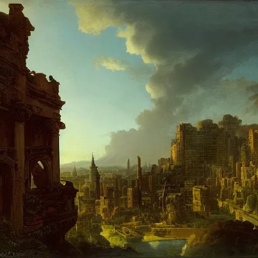 Image similar to vista of a city at sunset, the city is a sprawling renaissance city that is built on the rolling hills of a wide bay amidst cyclopean mausoleums with the rainforest at its edges, rpg, hubert robert, cityscape, vista, dying earth, reclaimed ruins