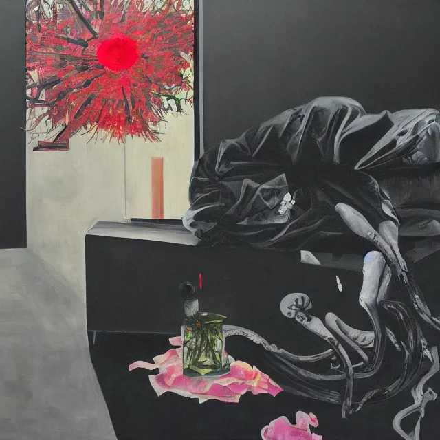 Image similar to empty room with black walls, sensual portrait of a woman sleeping, japanese vase, old flowers, puddle of water, octopus, squashed berries, neo - expressionism, surrealism, acrylic and spray paint and oilstick on canvas