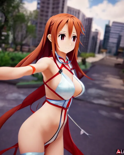 Image similar to photo of asuna from sao in the middle of the city, asuna by a - 1 pictures, by gil elvgren, enoch bolles, glossy skin, pearlescent, anime, very coherent, maxim magazine, 3 d, vray, unreal 5, octave rendey, maya