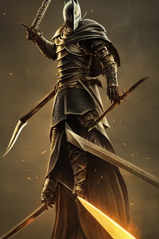 Image similar to dark souls knight holding two swords with each hand, full body, detailed intricate, award winning, highly detailed, sharp focus, cinematic lighting, golden ratio, unreal engine 5, octane render, art by wlop and artgerm and greg rutkowski, masterpiece, trending on artstation, 8 k