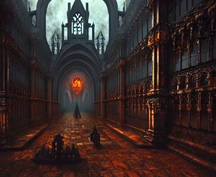 Image similar to steam necropolis, memento mori, gothic, neo - gothic, art nouveau, hyperdetailed copper patina medieval icon, stefan morrell, philippe druillet, ralph mcquarrie, concept art, steampunk, unreal engine, detailed intricate environment, octane render, moody atmospherics, volumetric lighting, ultrasharp, ominous, otherworldly