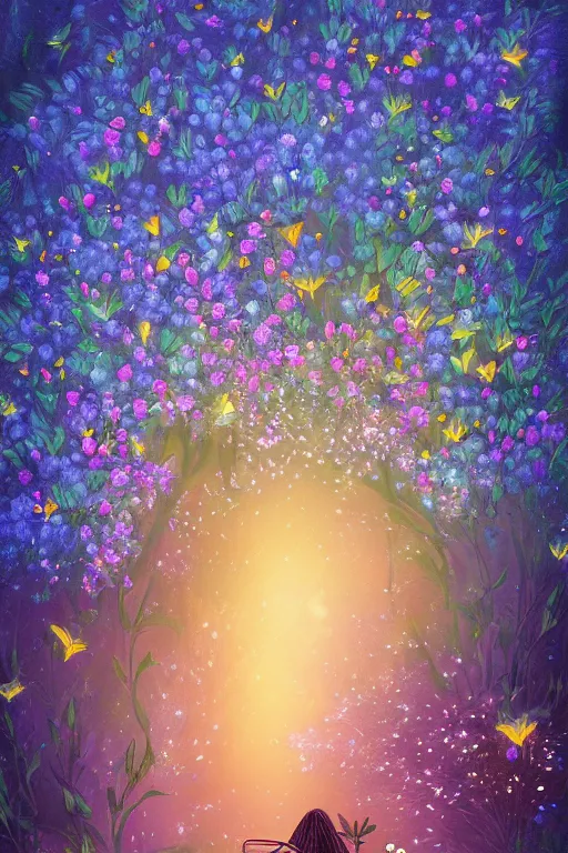 Prompt: beautiful digital matter cinematic painting of whimsical botanical illustration blue flowers fireflies enchanted dark background, whimsical scene by greg rutkowki artstation