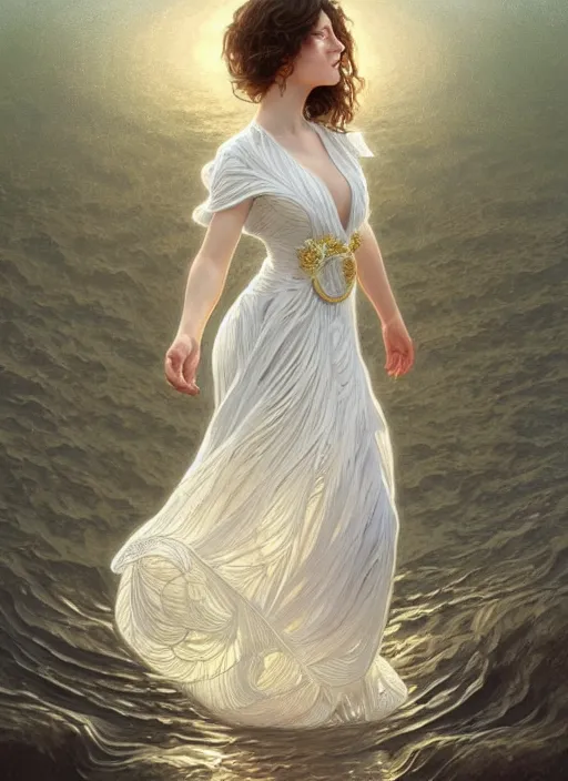 Prompt: full body portrait of a woman posing, short wavy hair, round face, intricate white dress, cottagecore!!, inside water, intricate, enlightened, highly detailed, digital painting, artstation, concept art, smooth, sharp focus, illustration, art by artgerm and greg rutkowski and alphonse mucha