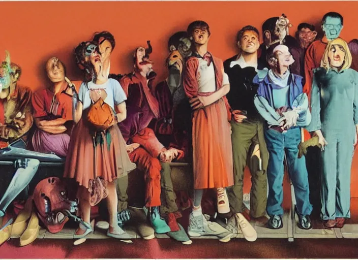 Prompt: a still from the tv series freaks and geeks by francis bacon, surreal, norman rockwell and james jean, greg hildebrandt, and mark brooks, triadic color scheme, by greg rutkowski, syd mead and edward hopper and norman rockwell and beksinski, dark surrealism, orange and turquoise and purple and pink